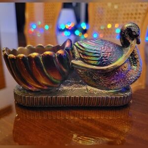 Vintage St. Clair Blue Iridescent Carnival Glass Swan W/Boat Open Salt Cellar